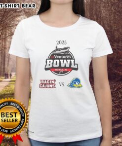Alt Text: 2025 Ventures Bowl Ladies Tee featuring Louisiana Ragin' Cajuns vs Delaware Blue Hens design.