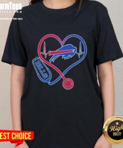 Buffalo Bills stethoscope headphones graphic on a ladies tee, perfect for fans showcasing team spirit and love.