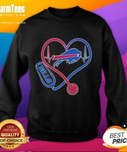 Buffalo Bills sweatshirt featuring stethoscope and headphones design for fans, perfect for game day and cozy wear.