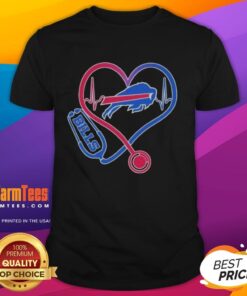 Buffalo Bills fans t-shirt featuring a love-themed stethoscope and headphones design, perfect for sports enthusiasts.