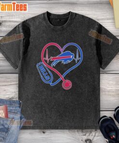 Buffalo Bills fans wearing a washed t-shirt with a stethoscope and headphones design, perfect for game day.