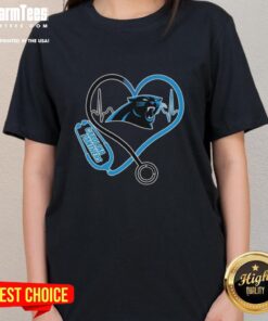 Stylish Carolina Panthers stethoscope headphones ladies tee, perfect for fans showing love for their team.