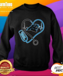 Carolina Panthers sweatshirt featuring stethoscope headphones, perfect for fans and healthcare professionals.