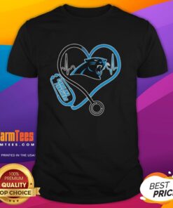 Alt Text: Carolina Panthers stethoscope headphones t-shirt for fans, showcasing love for the team in a stylish design.
