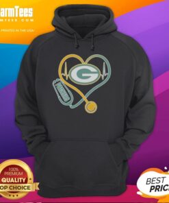 Alt Text: Green Bay Packers hoodie with stethoscope headphones, perfect for fans showing love for their team.