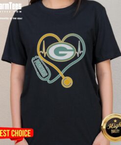 Nice Love Green Bay Packers Stethoscope Headphones Tee for Ladies, perfect for passionate fans and stylish game day wear.