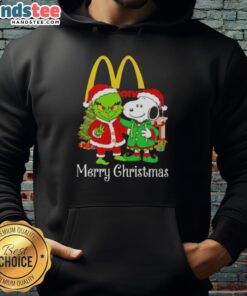 Cozy Merry Christmas hoodie featuring McDonald's, Grinch, and Snoopy designs, perfect for festive holiday wear.