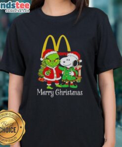 Nice McDonald's X Grinch and Snoopy Merry Christmas ladies tee featuring festive designs and vibrant colors.