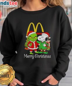 Cozy Nice McDonald's X Grinch and Snoopy Merry Christmas sweatshirt featuring festive colors and playful holiday graphics.