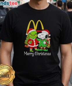 Nice McDonald's x Grinch and Snoopy Merry Christmas T-Shirt featuring festive designs for a joyful holiday spirit.