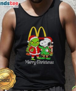 Alt Text: Merry Christmas tank top featuring McDonald's, Grinch, and Snoopy designs for festive holiday style.