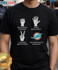 Miami Dolphins T-Shirt featuring 'Nothing Beats Rock Beats Scissors Paper Beats Rock Scissors Beats Paper' design.