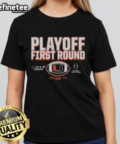 2025 Miami Hurricanes CFP Playoff First Round ladies tee featuring team colors and logo for stylish fans.