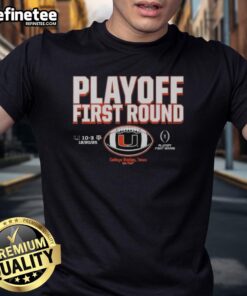 Nice Miami Hurricanes CFP Playoff First Round 2025 T-Shirt featuring team colors and logo for fans and supporters.