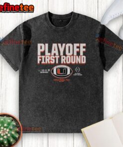 Alt Text: 2025 Miami Hurricanes CFP Playoff First Round washed t-shirt, featuring team logo and vibrant colors.