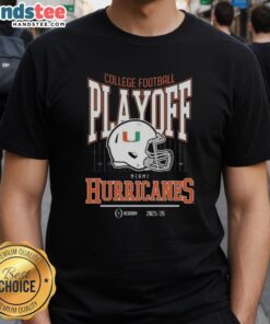 Miami Hurricanes College Football Playoff 2025-26 T-Shirt featuring vibrant team colors and logo.