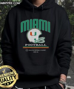Alt Text: Nice Miami Hurricanes helmet featured on a hoodie for the CFP College Football Playoff 2025-26 season.