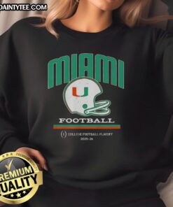 Nice Miami Hurricanes helmet featured on a College Football Playoff 2025-26 sweatshirt, perfect for fans and collectors.