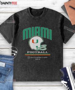 Alt Text: Nice Miami Hurricanes helmet featured on a washed t-shirt for the CFP College Football Playoff 2025-26.