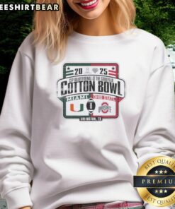 Miami Hurricanes vs. Ohio State Buckeyes Allstate Sugar Bowl CFP quarterfinal sweatshirt showcasing team logos and colors.