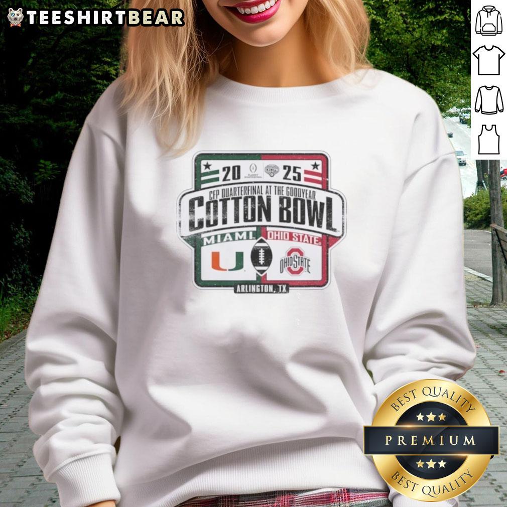nice-miami-hurricanes-vs-ohio-state-buckeyes-allstate-sugar-bowl-cfp-quarterfinal-at-the-goodyear-sweatshirt Miami Hurricanes vs. Ohio State Buckeyes Allstate Sugar Bowl CFP quarterfinal sweatshirt showcasing team logos and colors.