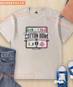 Alt Text: Miami Hurricanes vs. Ohio State Buckeyes Allstate Sugar Bowl CFP Quarterfinal Goodyear washed t-shirt design.