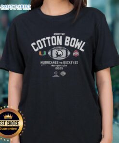 2025 Goodyear Cotton Bowl ladies tee featuring Miami Hurricanes vs Ohio State Buckeyes design, perfect for fans.