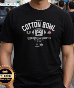 Nice Miami Hurricanes vs Ohio State Buckeyes Goodyear Cotton Bowl 2025 T-Shirt featuring vibrant team logos and game details.