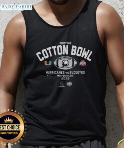 Alt Text: 2025 Goodyear Cotton Bowl tank top featuring Miami Hurricanes vs Ohio State Buckeyes design for fans.