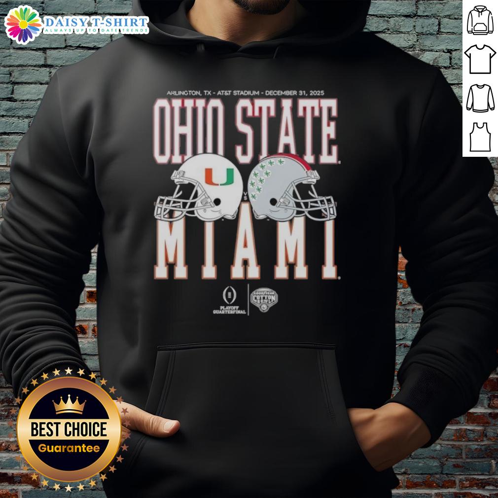 Nice Miami Hurricanes Vs Ohio State Buckeyes Playoff Quarterfinal 2026 Hoodie Stylish hoodie featuring Miami Hurricanes vs Ohio State Buckeyes playoff quarterfinal 2026 design, perfect for fans.