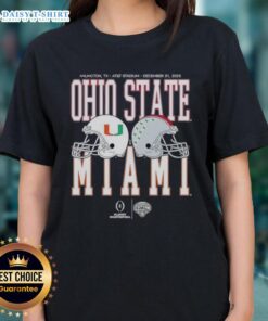 2026 playoff quarterfinal: Miami Hurricanes vs Ohio State Buckeyes ladies tee featuring vibrant team colors and logo.
