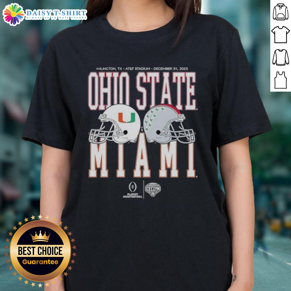 Nice Miami Hurricanes Vs Ohio State Buckeyes Playoff Quarterfinal 2026 Ladies-Tee 2026 playoff quarterfinal: Miami Hurricanes vs Ohio State Buckeyes ladies tee featuring vibrant team colors and logo.