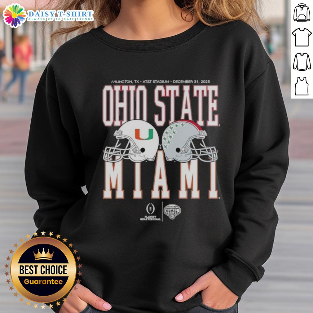 Nice Miami Hurricanes Vs Ohio State Buckeyes Playoff Quarterfinal 2026 Sweatshirt 2026 Miami Hurricanes vs Ohio State Buckeyes playoff quarterfinal sweatshirt showcasing team logos and vibrant colors.