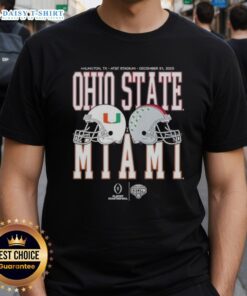 2026 Miami Hurricanes vs Ohio State Buckeyes playoff quarterfinal t-shirt featuring team logos and game details.