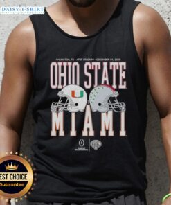 2026 Miami Hurricanes vs Ohio State Buckeyes playoff quarterfinal tank top featuring vibrant team logos and colors.
