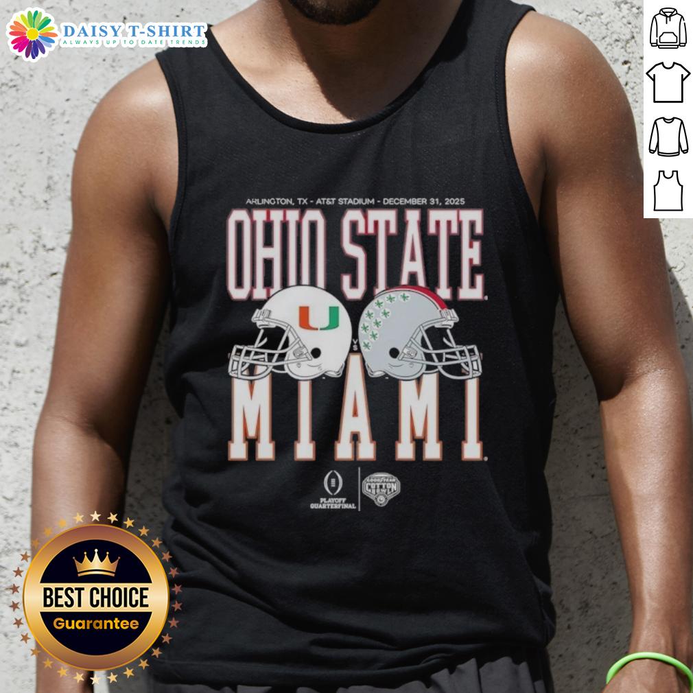 Nice Miami Hurricanes Vs Ohio State Buckeyes Playoff Quarterfinal 2026 Tank Top 2026 Miami Hurricanes vs Ohio State Buckeyes playoff quarterfinal tank top featuring vibrant team logos and colors.