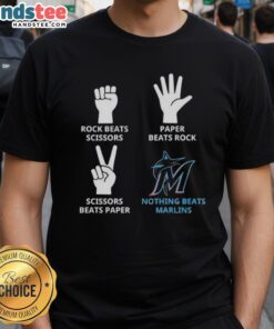 Miami Marlins t-shirt featuring 'Nothing Beats Rock Beats Scissors Paper Beats Rock Scissors Beats Paper' design.