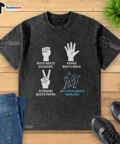 Alt Text: Nice Miami Marlins washed t-shirt featuring 'Nothing Beats Rock, Beats Scissors, Paper Beats Rock, Scissors Beats Paper' design.