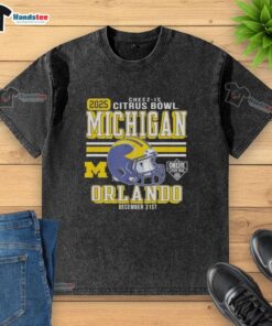 2025 Citrus Bowl Michigan Wolverines washed t-shirt in Nice, Florida, showcasing vibrant team colors and logo.