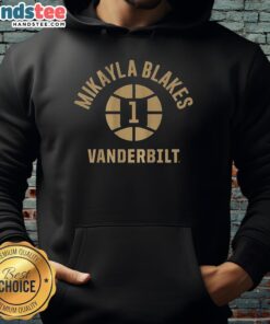 Alt Text: Mikayla Blakes wearing a Vanderbilt Commodores basketball hoodie with name and number 1, showcasing team spirit.