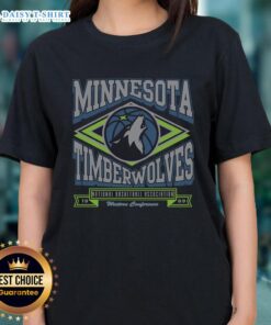 Alt Text: Stylish Nice Minnesota Timberwolves heater ladies tee featuring team colors and logo, perfect for fans.