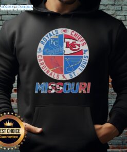 Cozy hoodie featuring Kansas City Chiefs, Royals, St. Louis Cardinals, and Blues logos, perfect for sports fans.