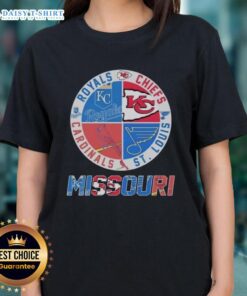 Ladies tee featuring Kansas City Chiefs, Royals, St. Louis Cardinals, and Blues logos - perfect for sports fans.