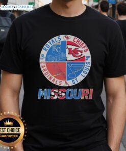 Stylish T-shirt featuring Kansas City Chiefs, Royals, Cardinals, and Blues logos, perfect for sports fans.