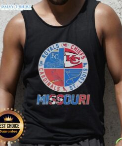 Nice Missouri tank top featuring Kansas City Chiefs, Royals, St. Louis Cardinals, and Blues logos for sports fans.