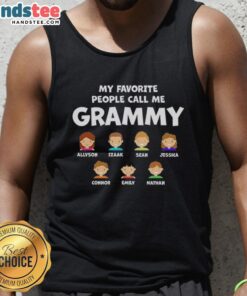 Grammy Allyson wearing a tank top with her favorite people: Izaak, Sean, Jessica, Connor, Emily, and Nathan.