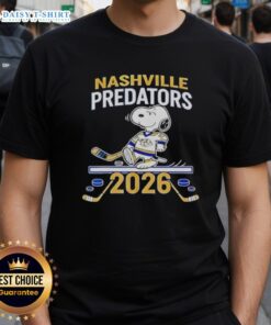 Nice Nashville Predators Hockey Snoopy Peanuts 2026 T-Shirt featuring Snoopy in Predators gear, perfect for fans.