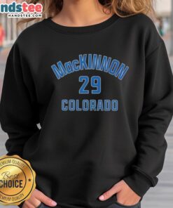 Alt Text: Nathan MacKinnon Colorado hockey sweatshirt featuring name and number 29, perfect for fans of the Avalanche.