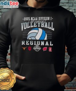 Alt Text: NCAA Division I Women's Volleyball Regional 2025 hoodie featuring Longhorns, Hoosiers, Wisconsin, and Stanford logos.