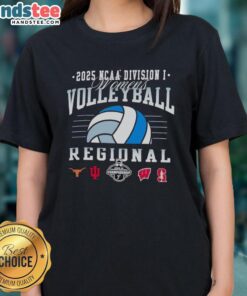 2025 NCAA Division I Women's Volleyball Regional logos: Longhorns, Hoosiers, Wisconsin, and Stanford on ladies tee.